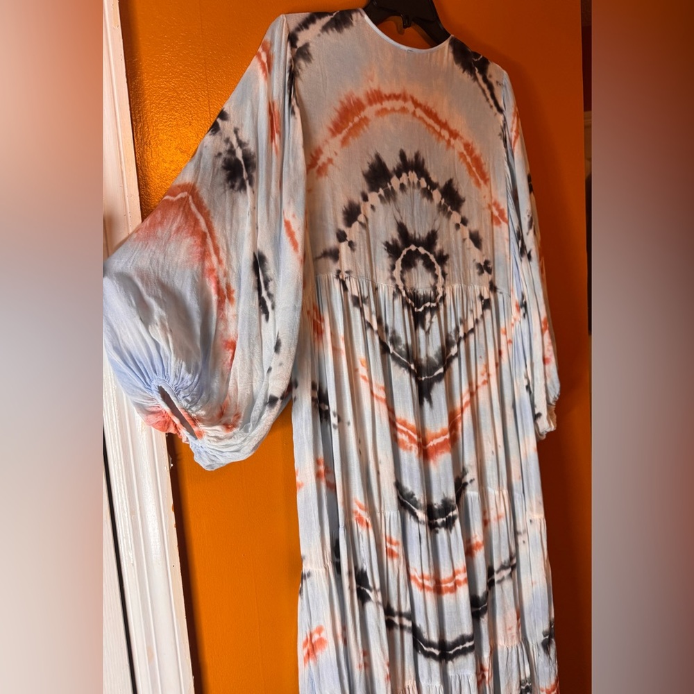 Young Fabulous & Broke Dawn Balloon Sleeve Tie Dye Dress Tangerine Radial. M - Picture 9 of 12